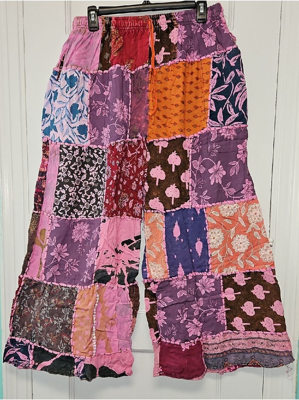 Boho Patchwork Wide Leg Pants - Pink & Multicolor